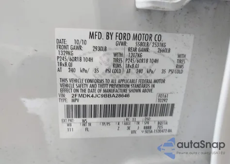 2011 Ford Edge Sel из США, поврежденный, VIN 2FMDK4JC9BBA28646